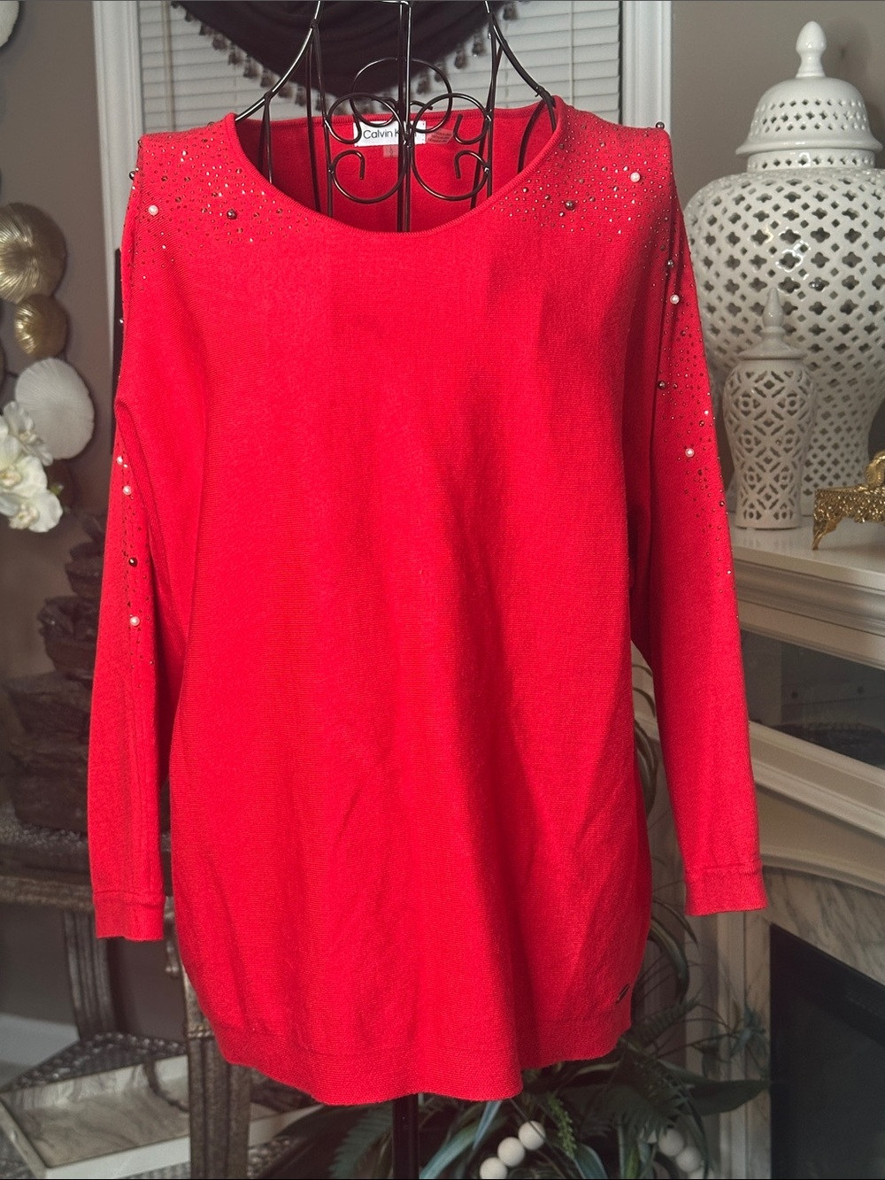 Calvin Klein Bright Red Long Sleeve Sweater Dress with Bead Accents